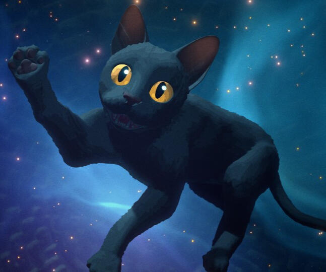 A cat in wonder A black cat extends its front paw as it floats in front of blue and purple-coloured sparkles.