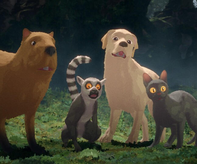 A capybara, a lemur, a golden labrador and a black cat stand on the grass.