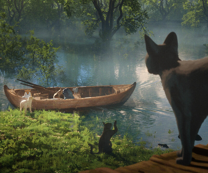 A motley crew In the foreground, a black cat looks on at a small group of animals boarding a boat in a river.